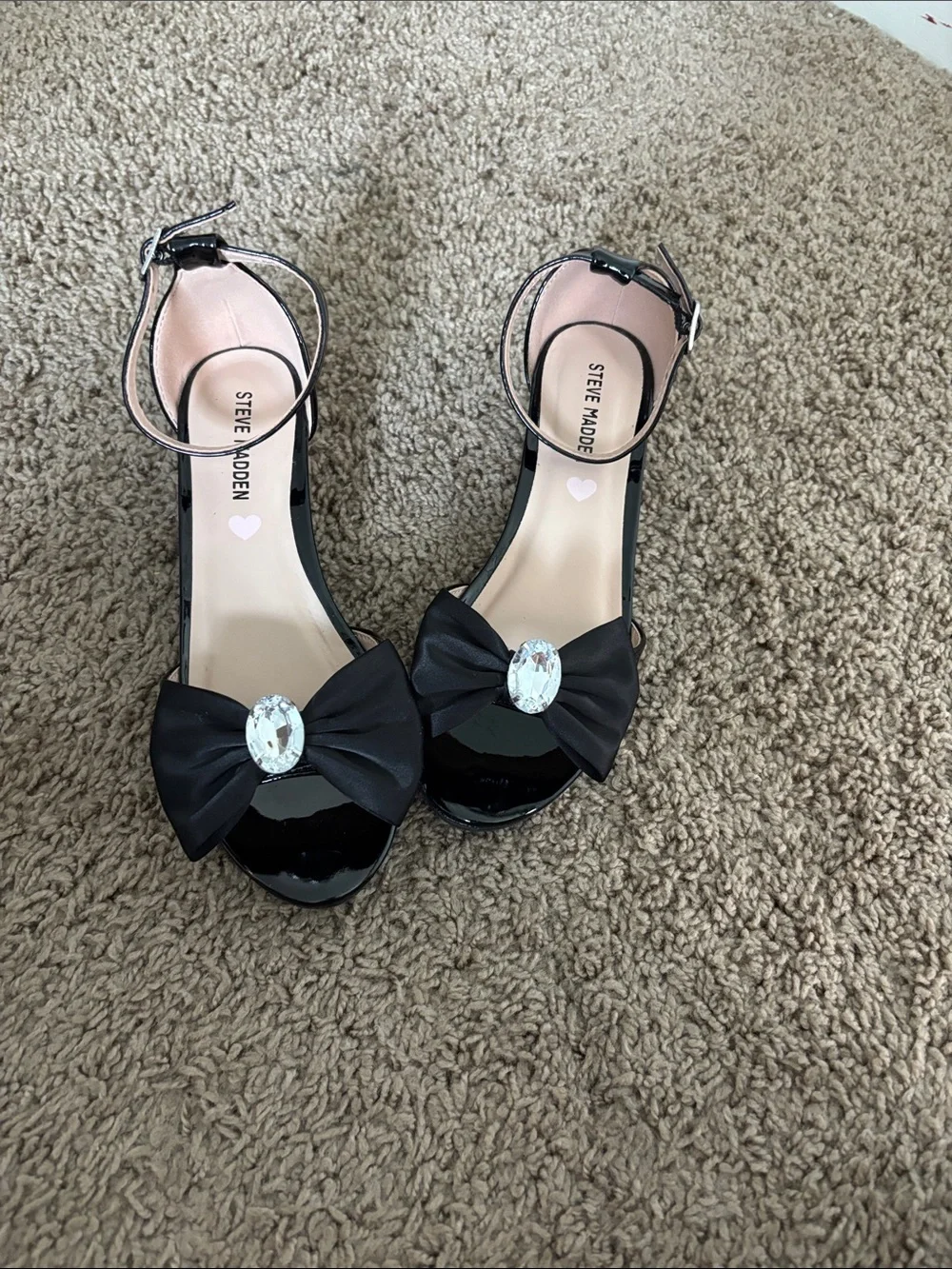 Steve Madden Black Patent Bow Jewel Ankle-Strap Heels